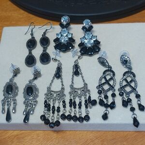 Black Statement Earring Lot Crystal dangle 5 Pair